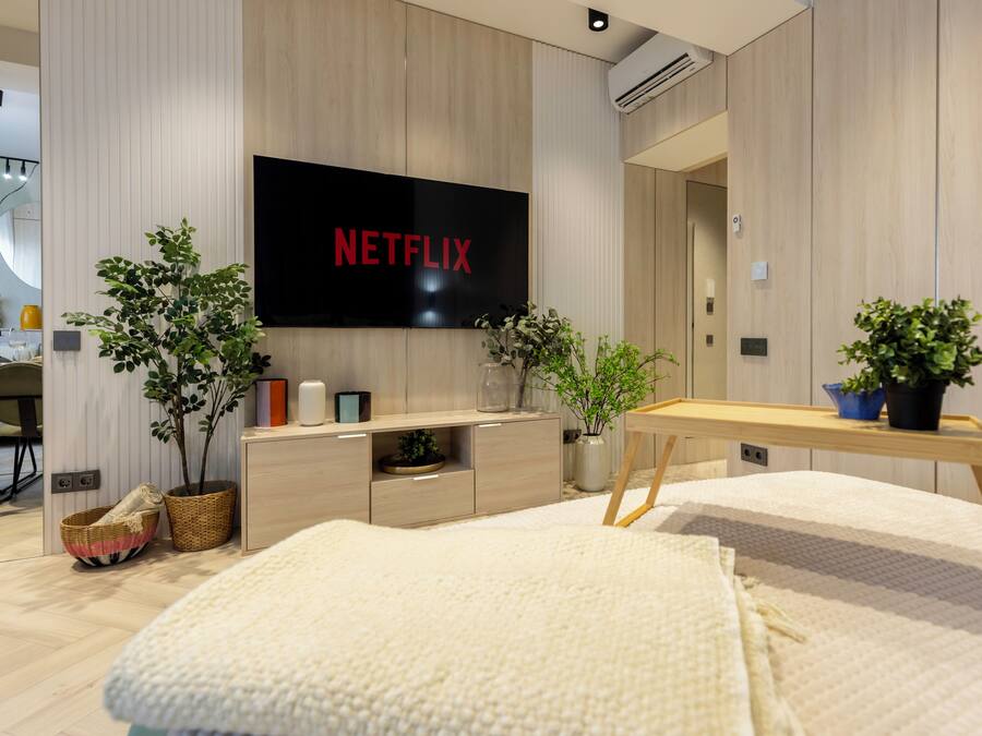 A modern living room with a flat-screen TV, wooden furniture, and two potted plants.