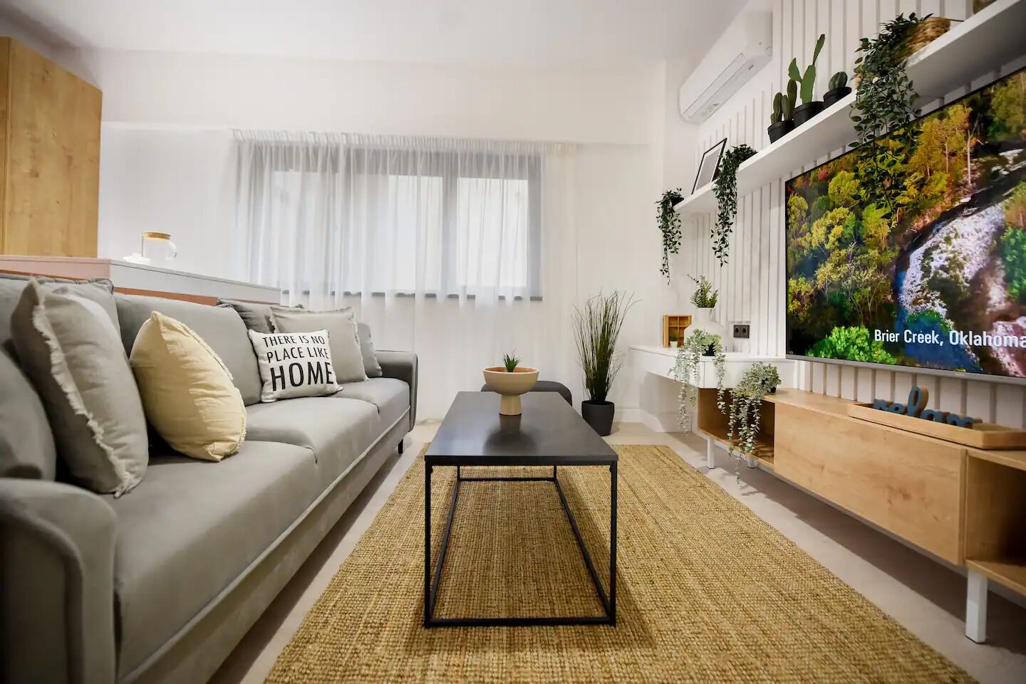 A modern living room with a grey sofa, a black coffee table, and a TV displaying a scenic view of Brier Creek, Oklahoma.