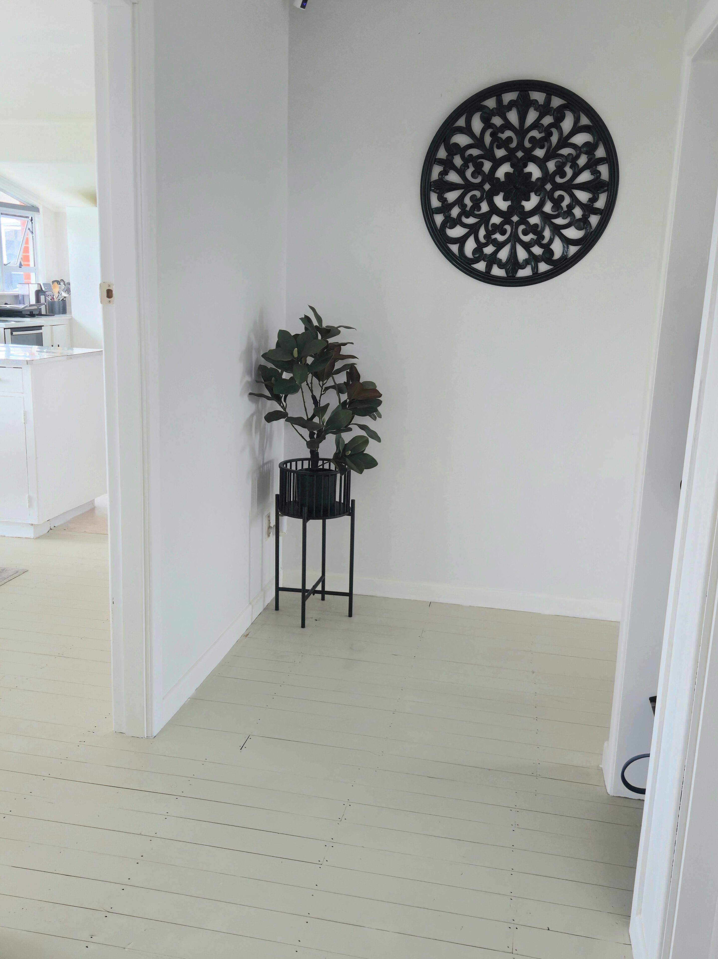 A hallway with a potted plant, a decorative wall piece, and a white door leading to a kitchen area.