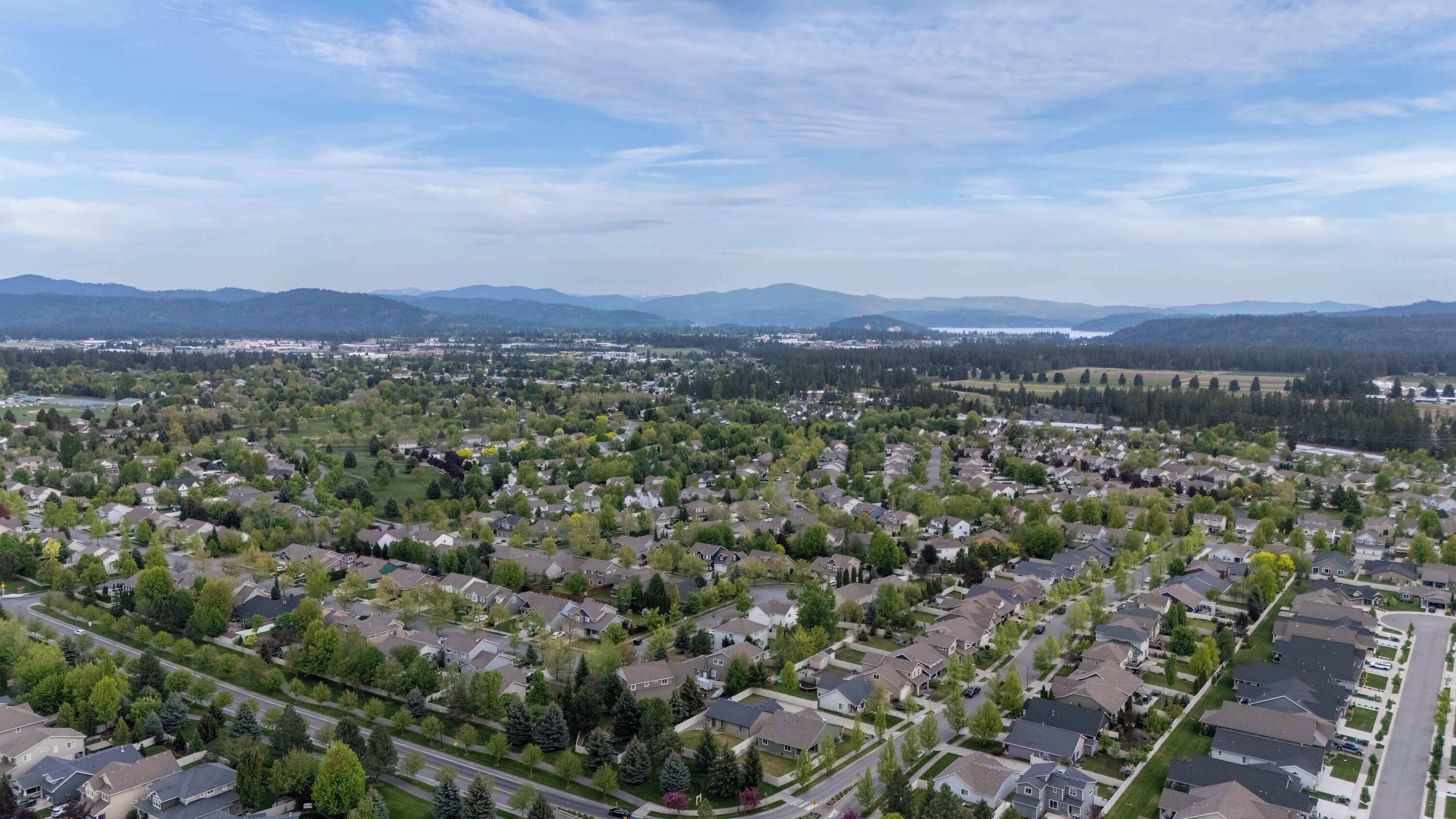 Una vista aerea di un quartiere residenziale con case, strade e aree verdi.