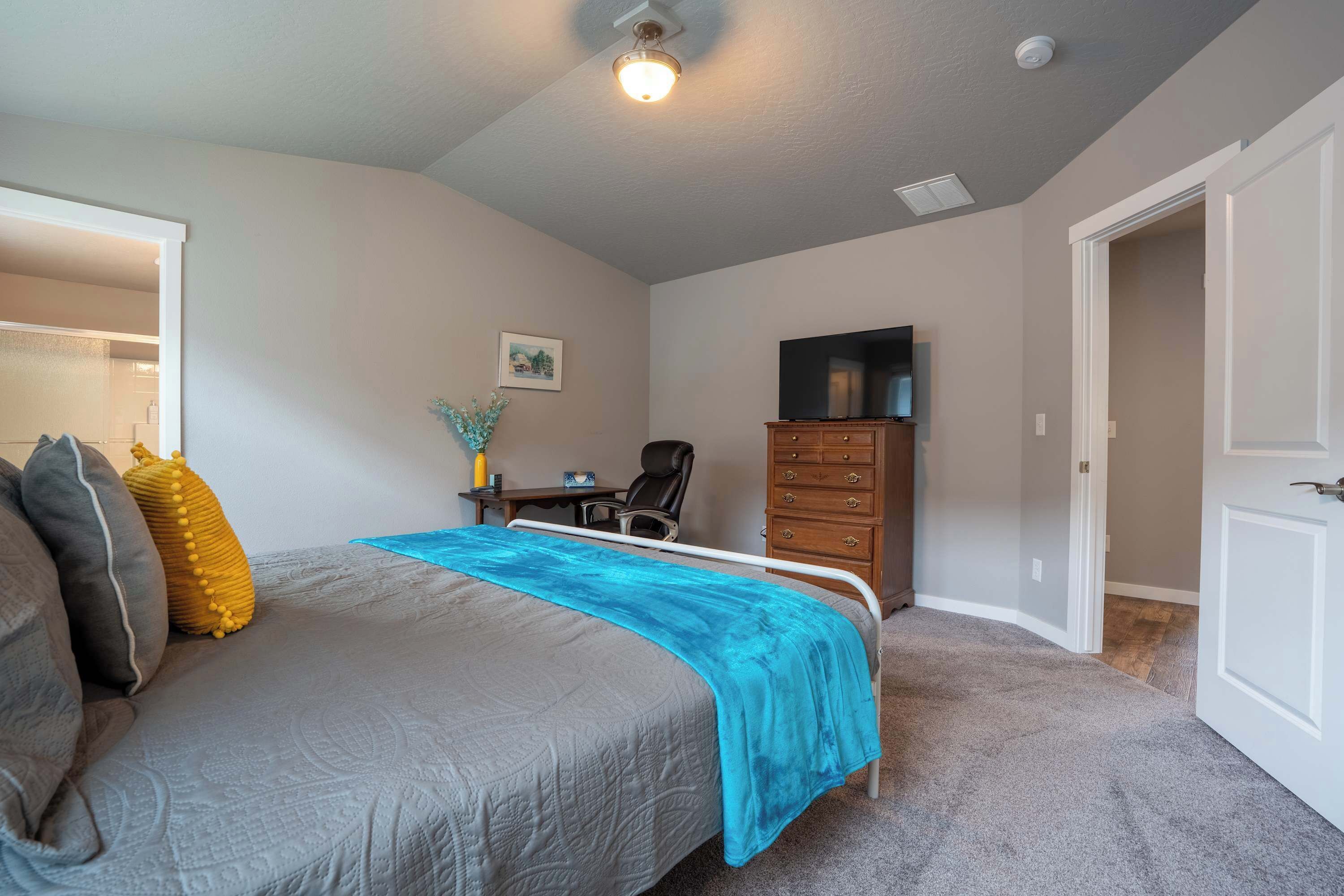 A bedroom with a bed, a dresser, a desk, and a television.