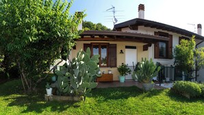 A house with a garden, featuring cacti and potted plants.