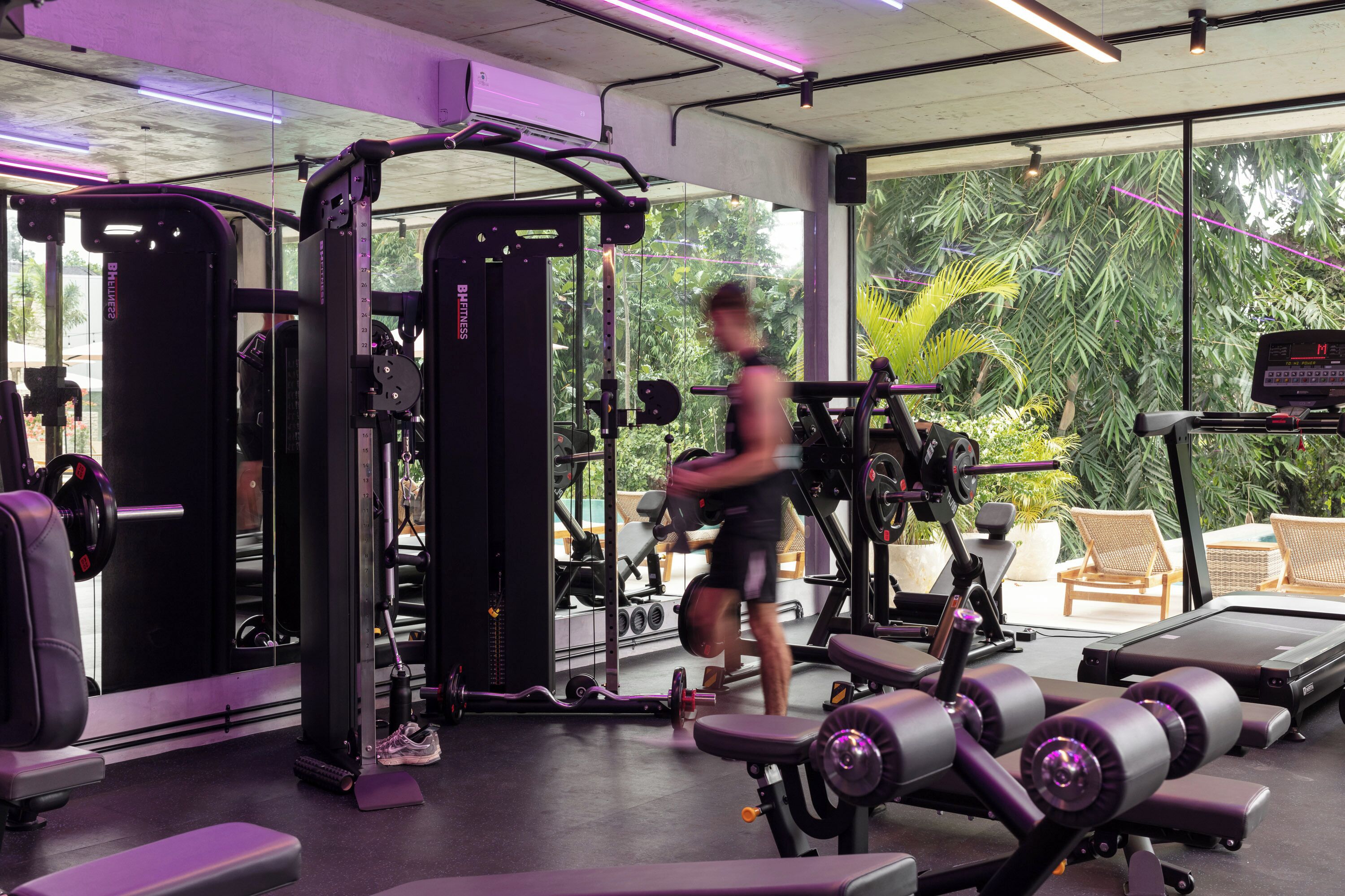 A gym with weightlifting equipment, a treadmill, and a view of lush greenery outside.