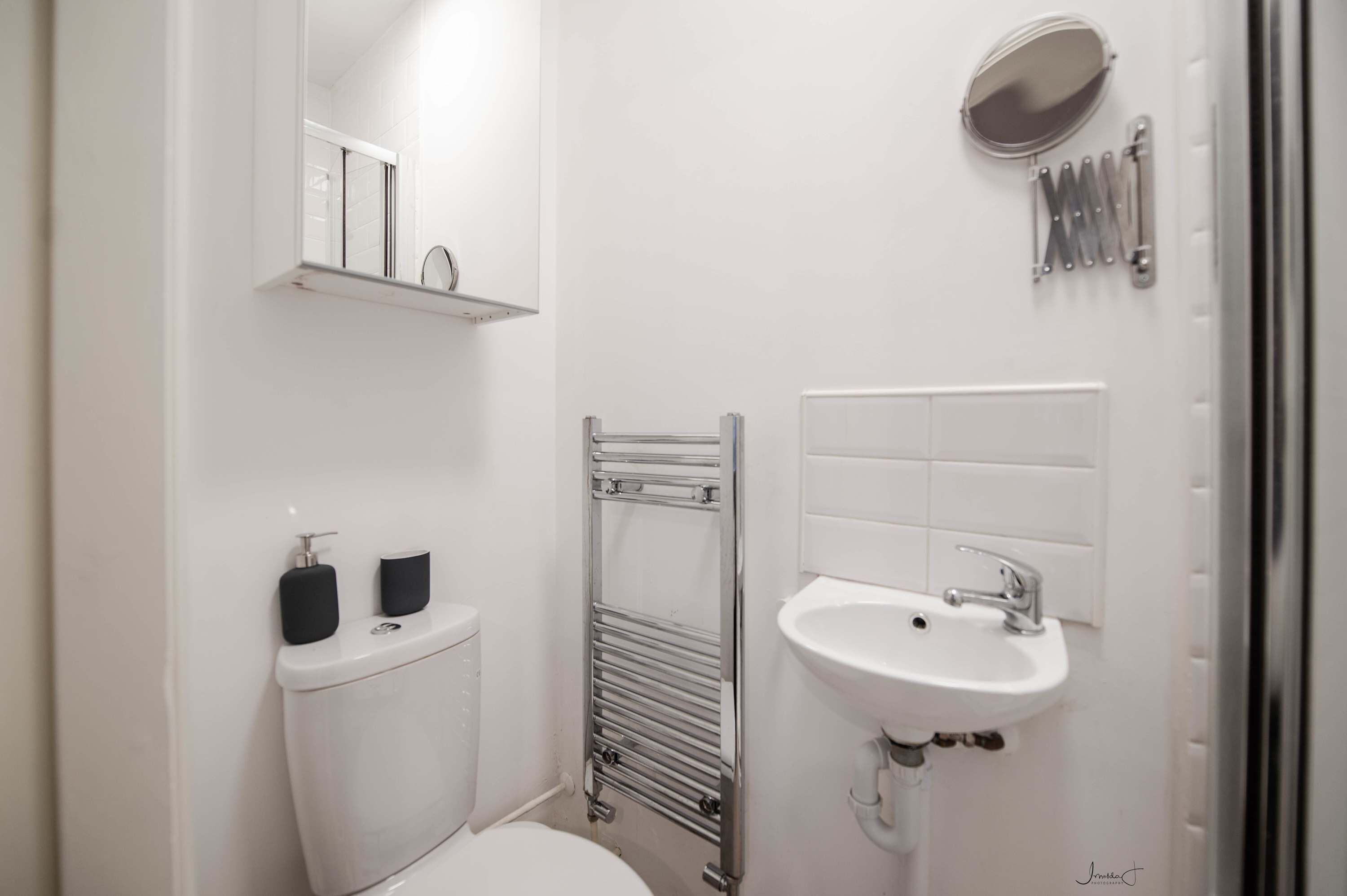 Un bagno moderno con un water, un lavandino, un portascopevoli e uno specchio.