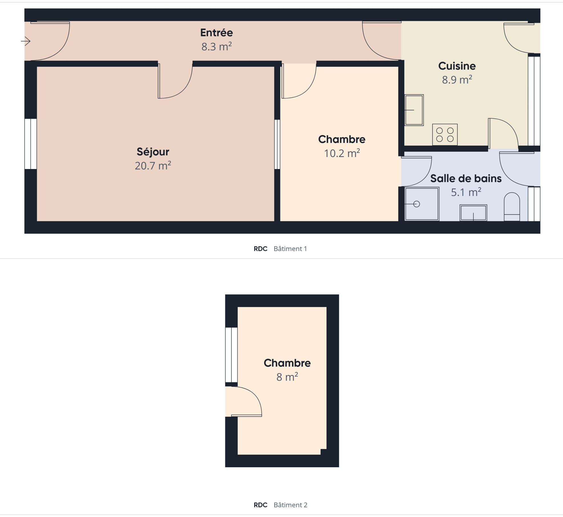 A floor plan of a hotel with a living room (20.7 m²), bedroom (10.2 m²), kitchen (8.9 m²), bathroom (5.1 m²), and entry (8.3 m²).