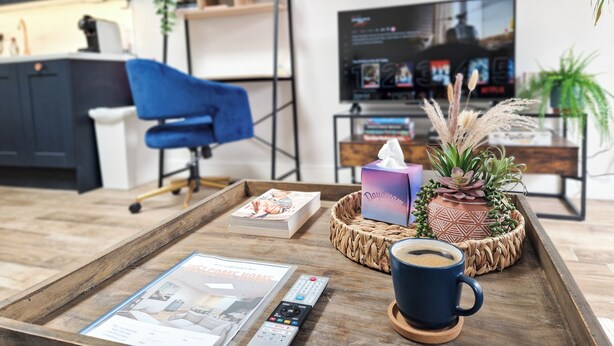 A modern living room with a coffee table, a magazine, a remote control, a tissue box, and a decorative plant. - Bright 1-Bed Flat Near Fulham Broadway Station (London)