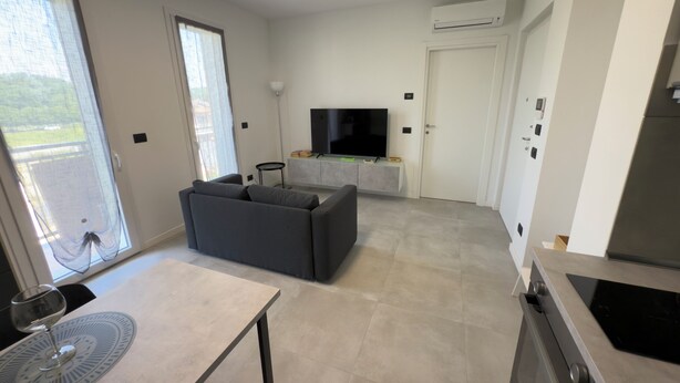 A modern living room with a sofa, a TV, and a dining area with a table and chairs.