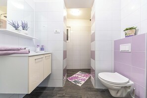 Dusche, Haartrockner, Handtücher, Seife