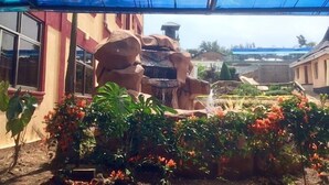 Un espacio al aire libre cubierto con una cascada de roca, rodeado de diversas plantas y flores.