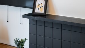 Un intérieur moderne avec une cheminée recouverte de carreaux noirs, une œuvre d’art encadrée et une petite plante en pot.