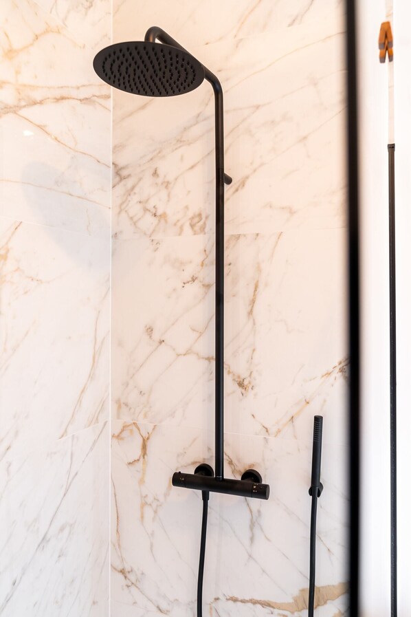 Shower, hair dryer, towels, shampoo