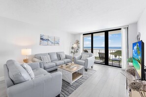 Condo, Multiple Beds (SW-facing beachfront condo with pool/) | Living area - Sw-facing Beachfront Condo With Pool/gym/pickleball (Marco Island)