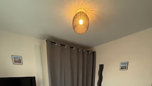 Un dormitorio con una cama, un televisor sobre un aparador de madera y una lámpara de techo original.