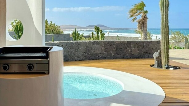 Un área de piscina moderna al aire libre con vistas al océano y un cactus.