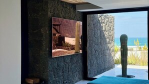 Una habitación moderna con una pared de piedra, un cuadro enmarcado de un cactus y vistas al océano.