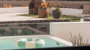 Une terrasse sur le toit avec une piscine, des plantes en pot et une vue sur les montagnes lointaines.