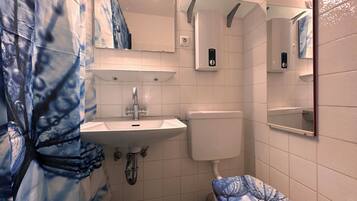A bathroom with a sink, toilet, and a shower area.