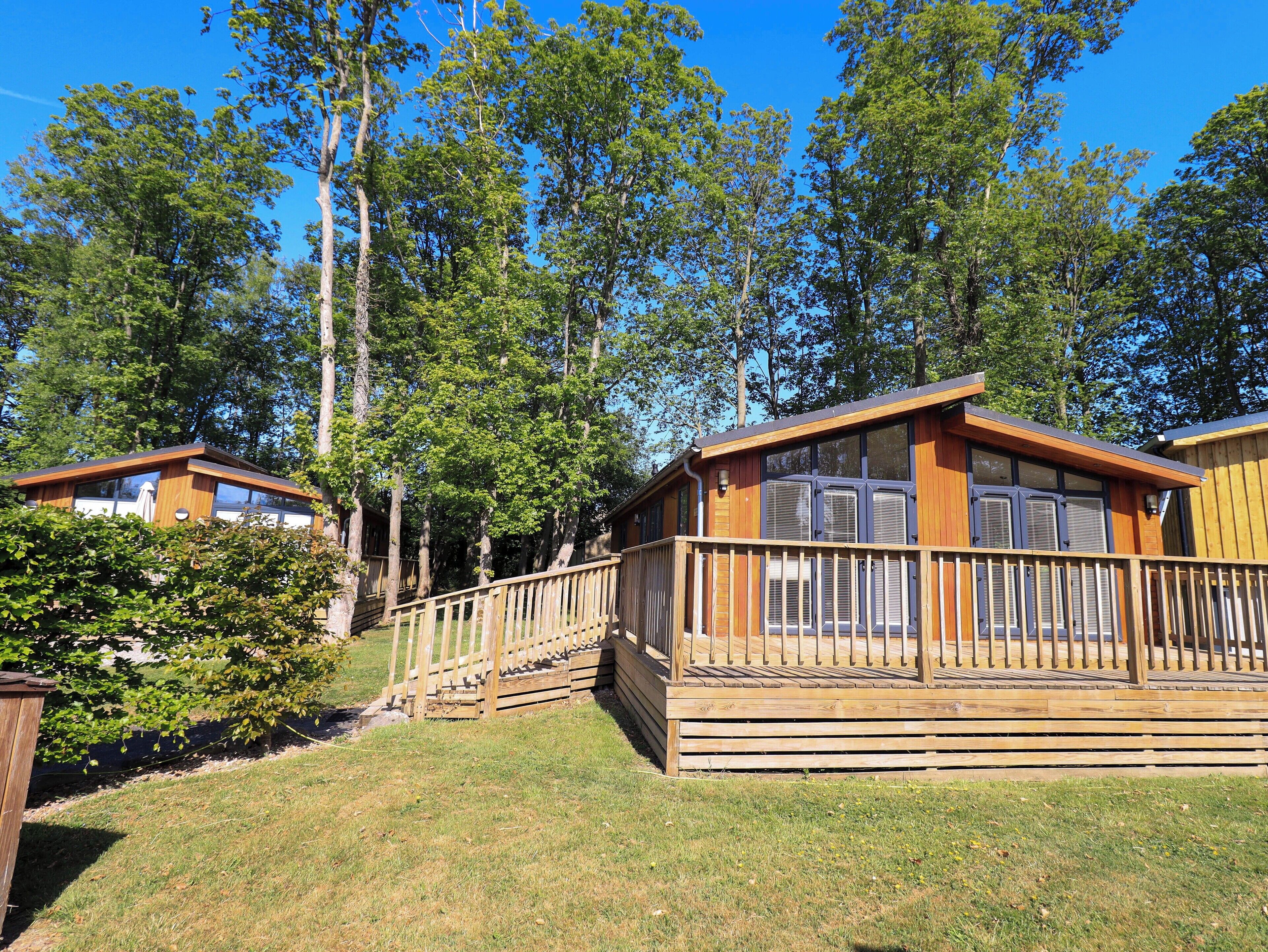 Une cabane en bois dotée d’une terrasse et de grandes fenêtres, entourée d’arbres.
