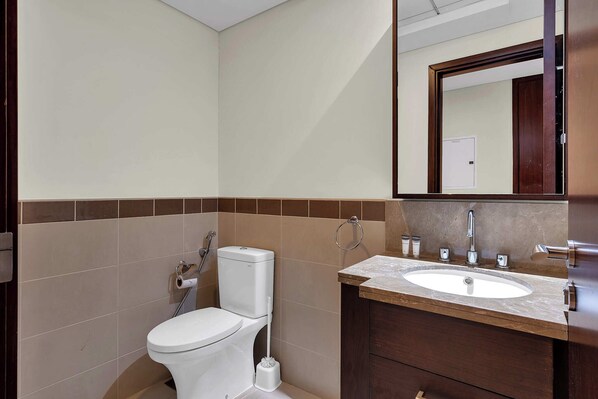 A bathroom with a toilet, sink, and mirror.