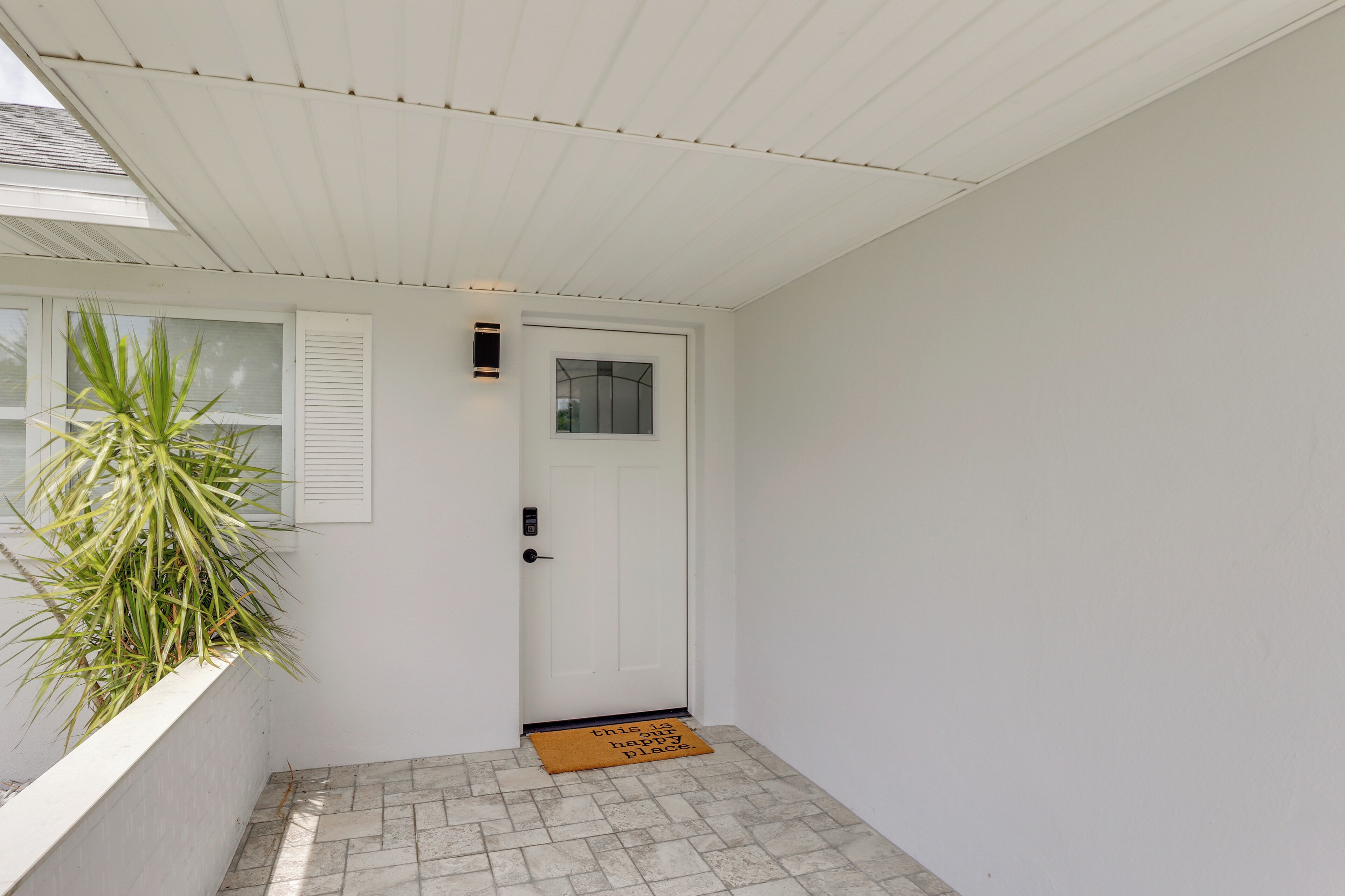 A white door with a small window above it, a potted plant to the left, and a doormat on the ground.