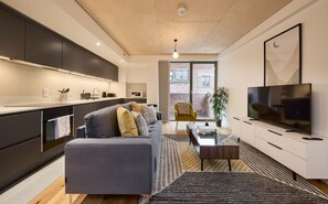 A modern kitchen with dark cabinets, a grey sofa, and a TV in a living area with a large window.