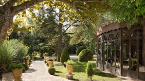 A garden pathway lined with potted plants and a conservatory. - Charming Mas Provencal With Swimming Pool (Noves)