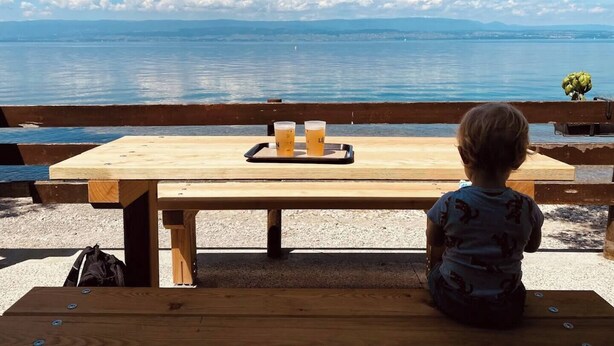 A wooden picnic table with two glasses of beer and a tray, overlooking a body of water with mountains in the distance. - Comfortable waterfront apartment with breathtaking views, nature break (Anthy-sur-Léman)
