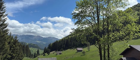 A mountain village with traditional wooden houses, a clear sky, and a view of distant mountains.
