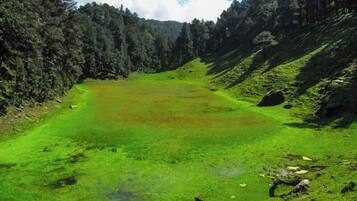 A natural landscape with a green field and forested hills.
