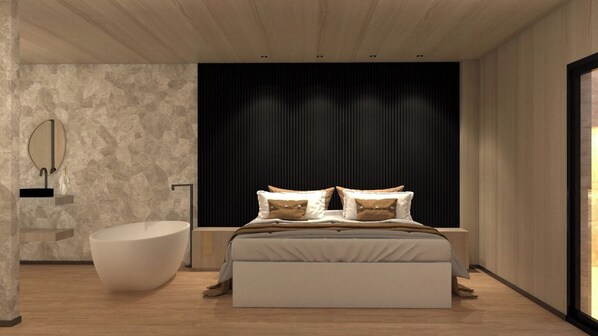 A modern bedroom with a large bed, a freestanding bathtub, and a minimalist design. - Villa Ayê Pousada Pet Campos do Jordão (Campos do Jordao)