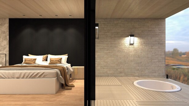 Une chambre moderne avec un grand lit, des tables de chevet et une vue sur l’extérieur.