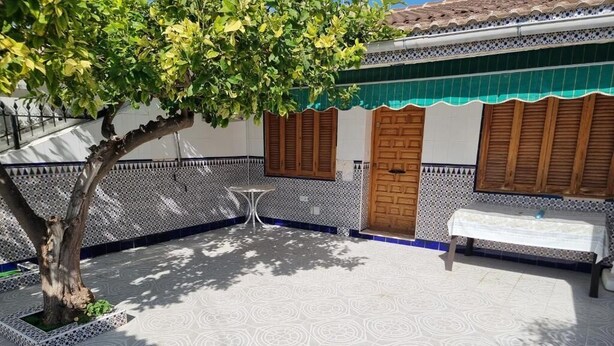 Un patio con suelo estampado, un árbol, un banco y un edificio con fachada de azulejos y puertas de madera.