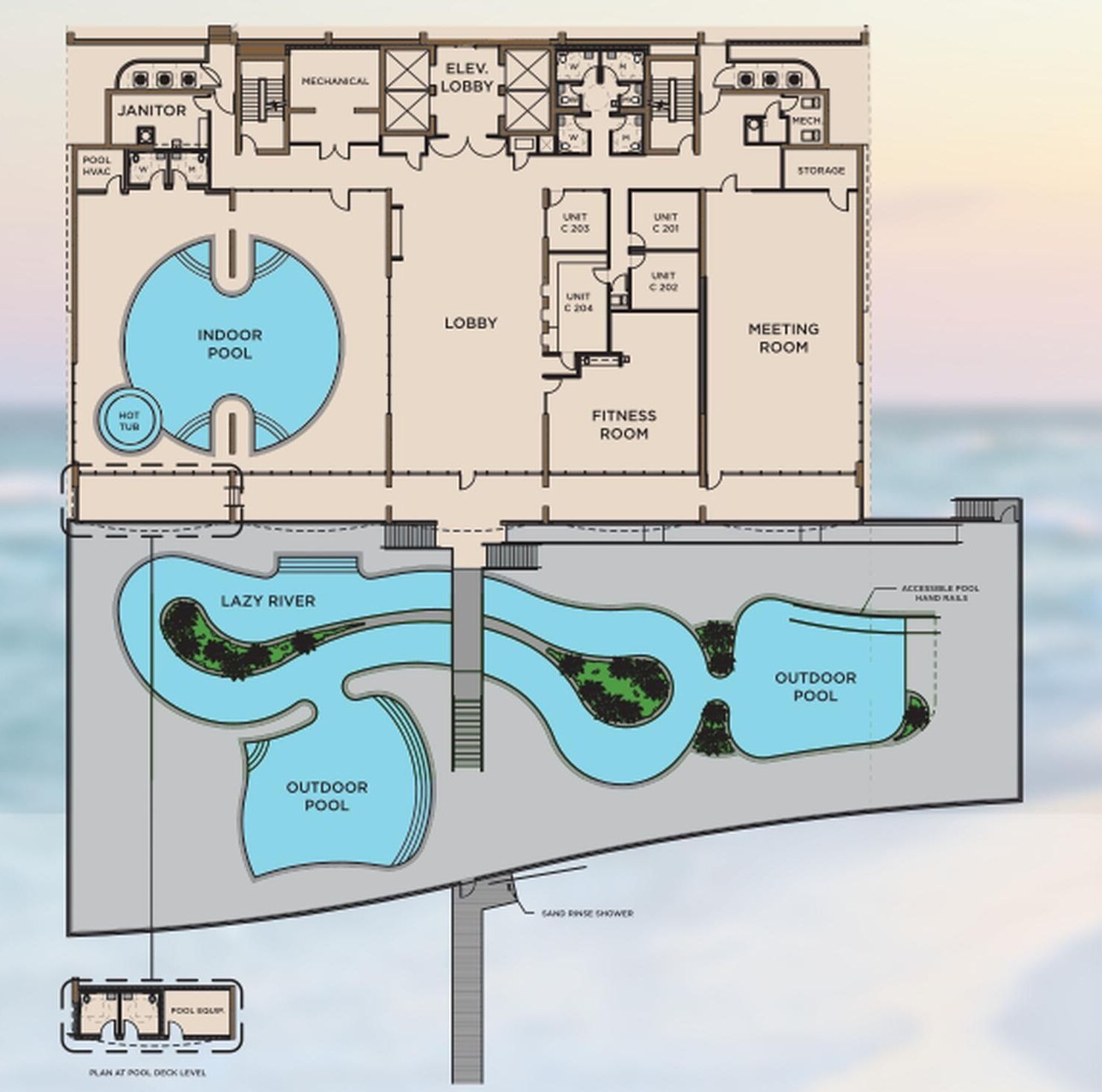 Indeling van een hotel met een binnenzwembad, een buitenzwembad, een fitnessruimte en een vergaderzaal.
