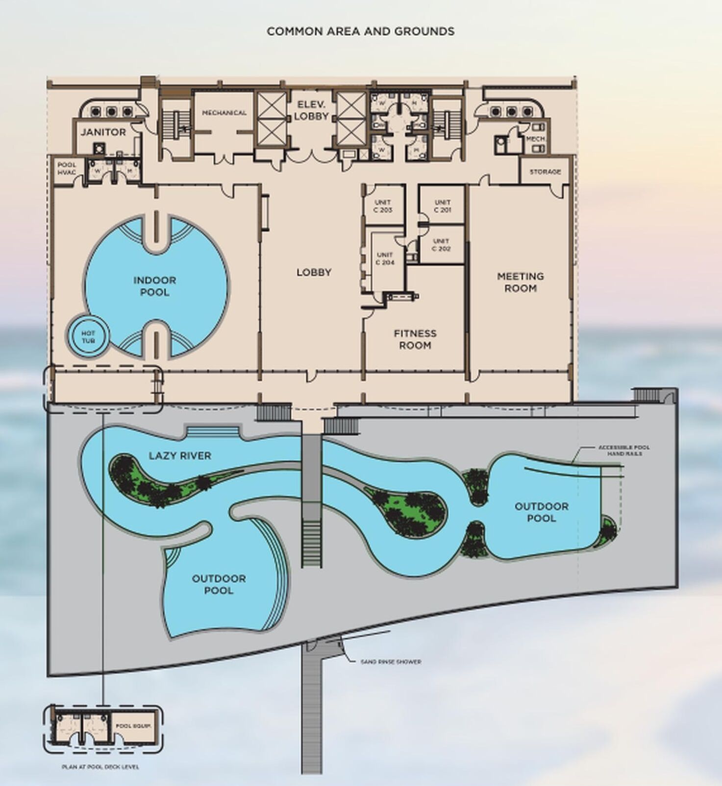 A hotel layout with an indoor pool, an outdoor pool, a fitness room, and a meeting room.