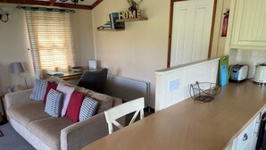 A cozy living room with a sofa, a dining table, and a kitchen area with a toaster and kettle.