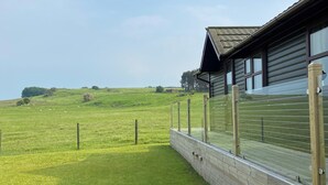 A building with a fenced outdoor area, a grassy field, and a clear sky.