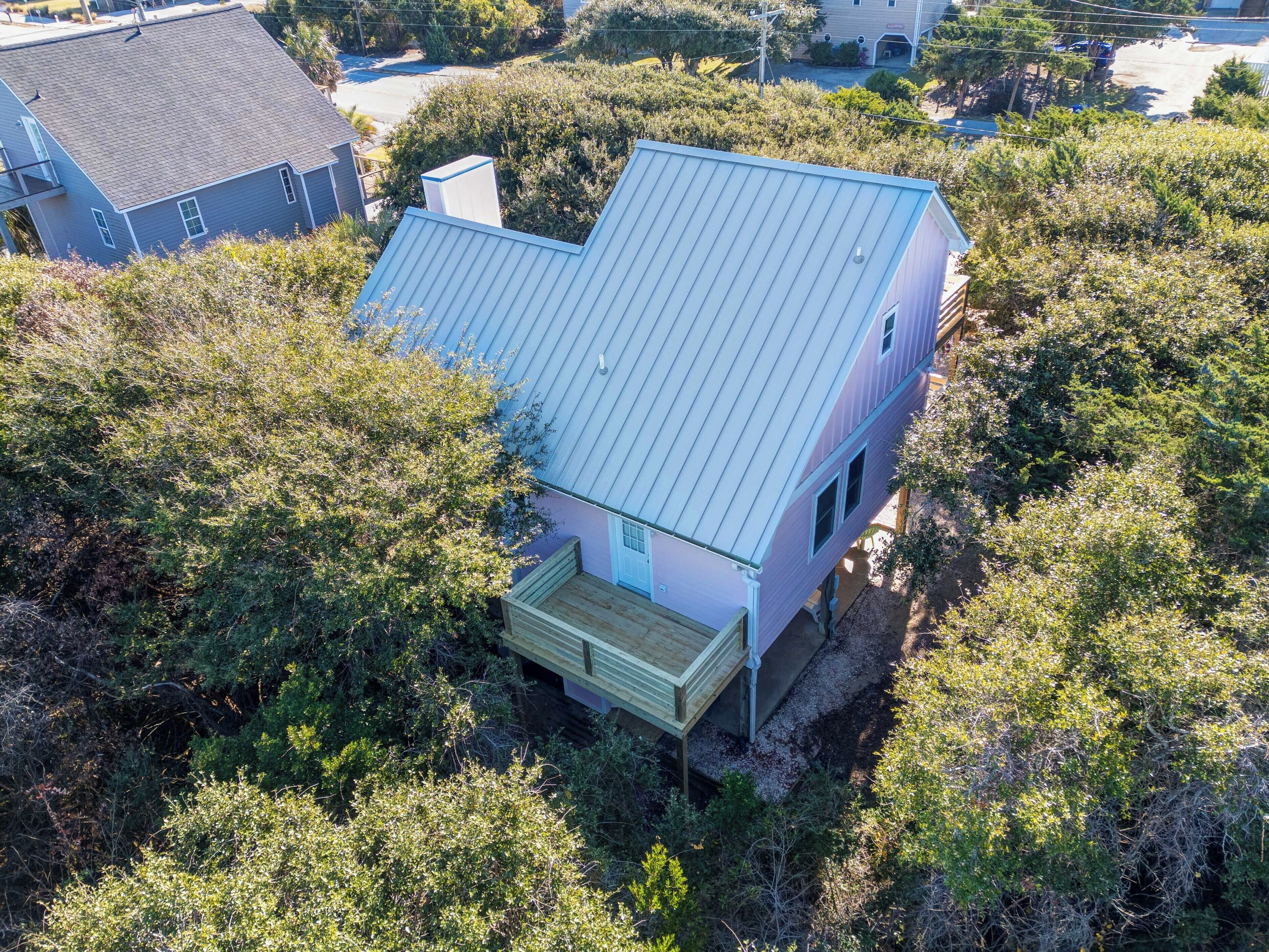 A house with a sloped metal roof, surrounded by dense foliage.
