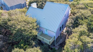 A house with a sloped metal roof, surrounded by dense foliage.