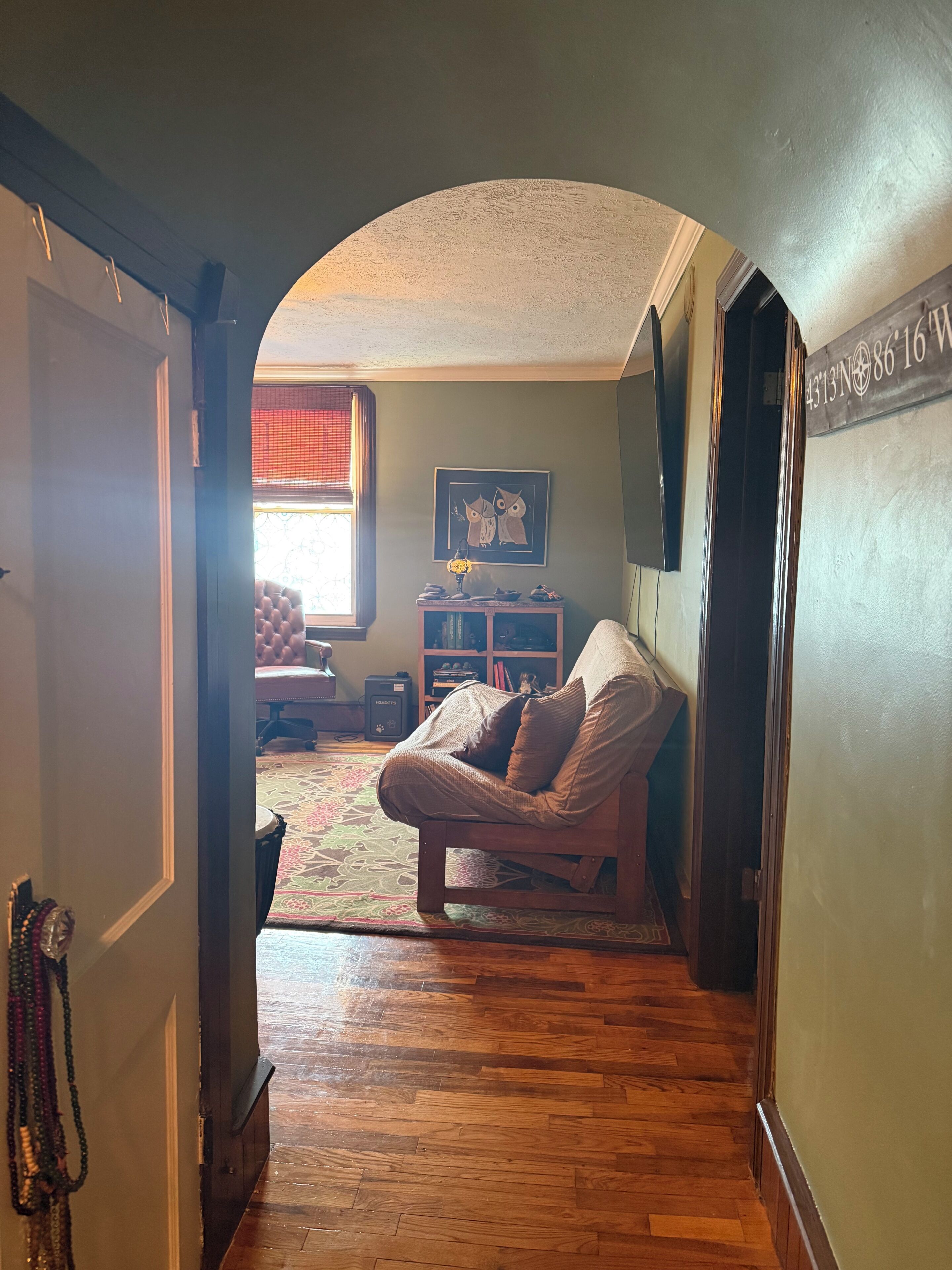 A hallway leading to a living room with a patterned rug, a cushioned chair, a framed artwork, and a bookshelf.