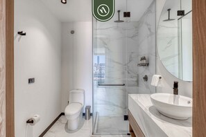 Shower, hair dryer, towels