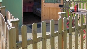 A small, semi-circular wooden structure labeled "Buzzard" with a bed inside. - Green Dragon and Kitchen Pod - Sleeps 2 & Parking (Welshpool)