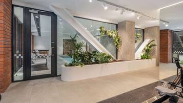 A modern interior with a staircase, indoor plants, and exercise equipment.