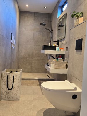 Dusch, hårtork, handdukar och tvål