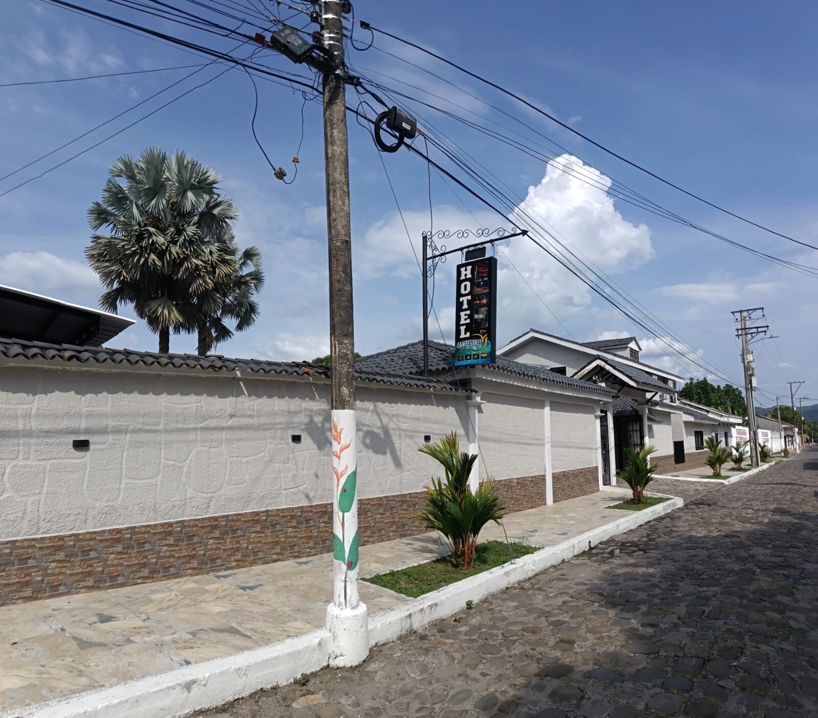 Un hôtel avec une enseigne, un palmier et une rue pavée.