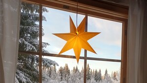 Finestra amb un llum en forma d'estrella, vista d'un paisatge nevós amb arbres, i una zona exterior coberta.