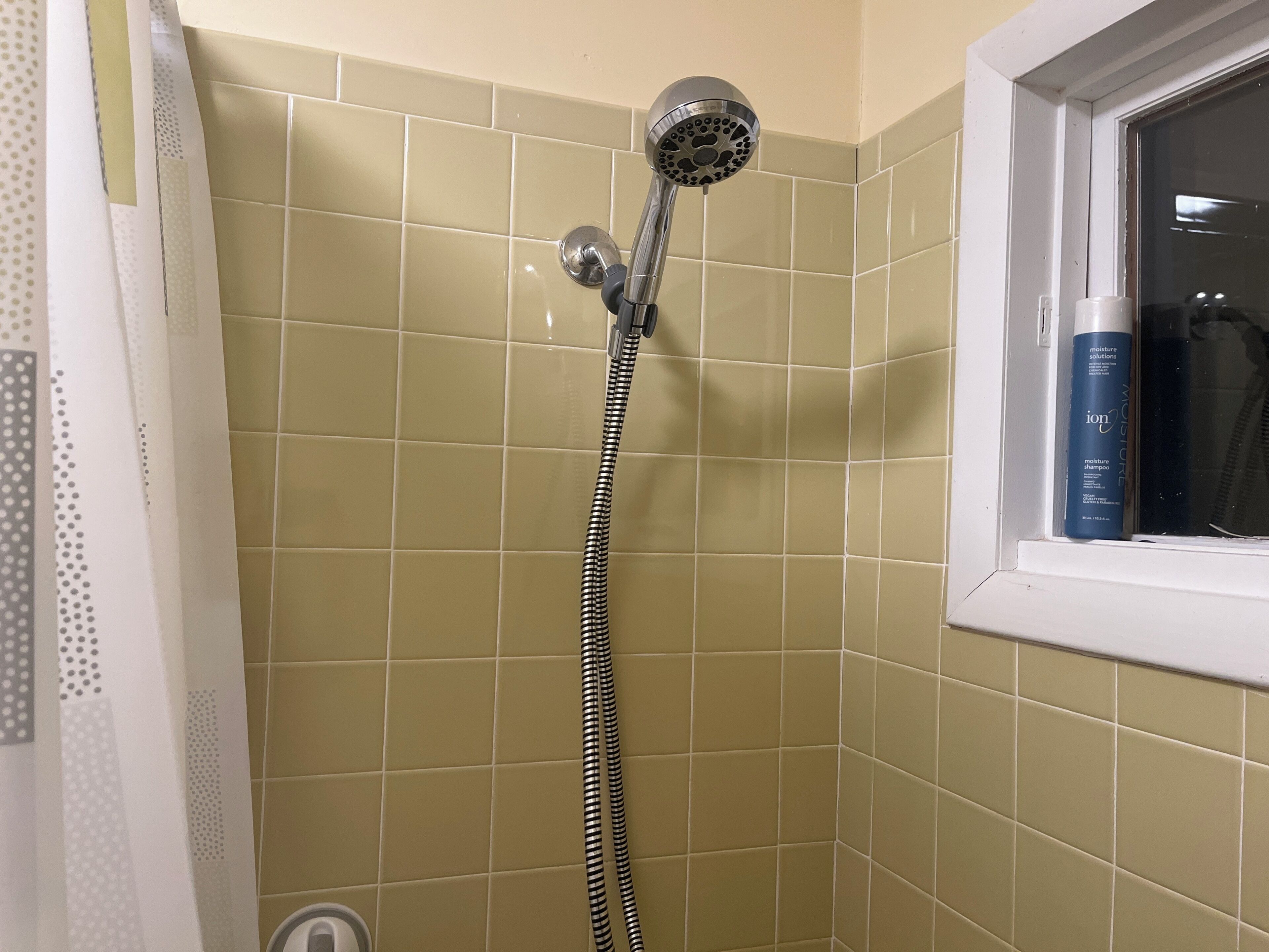 Une douche avec un pommeau de douche amovible, une fenêtre avec vue et une bouteille de shampoing posée sur le rebord de la fenêtre.
