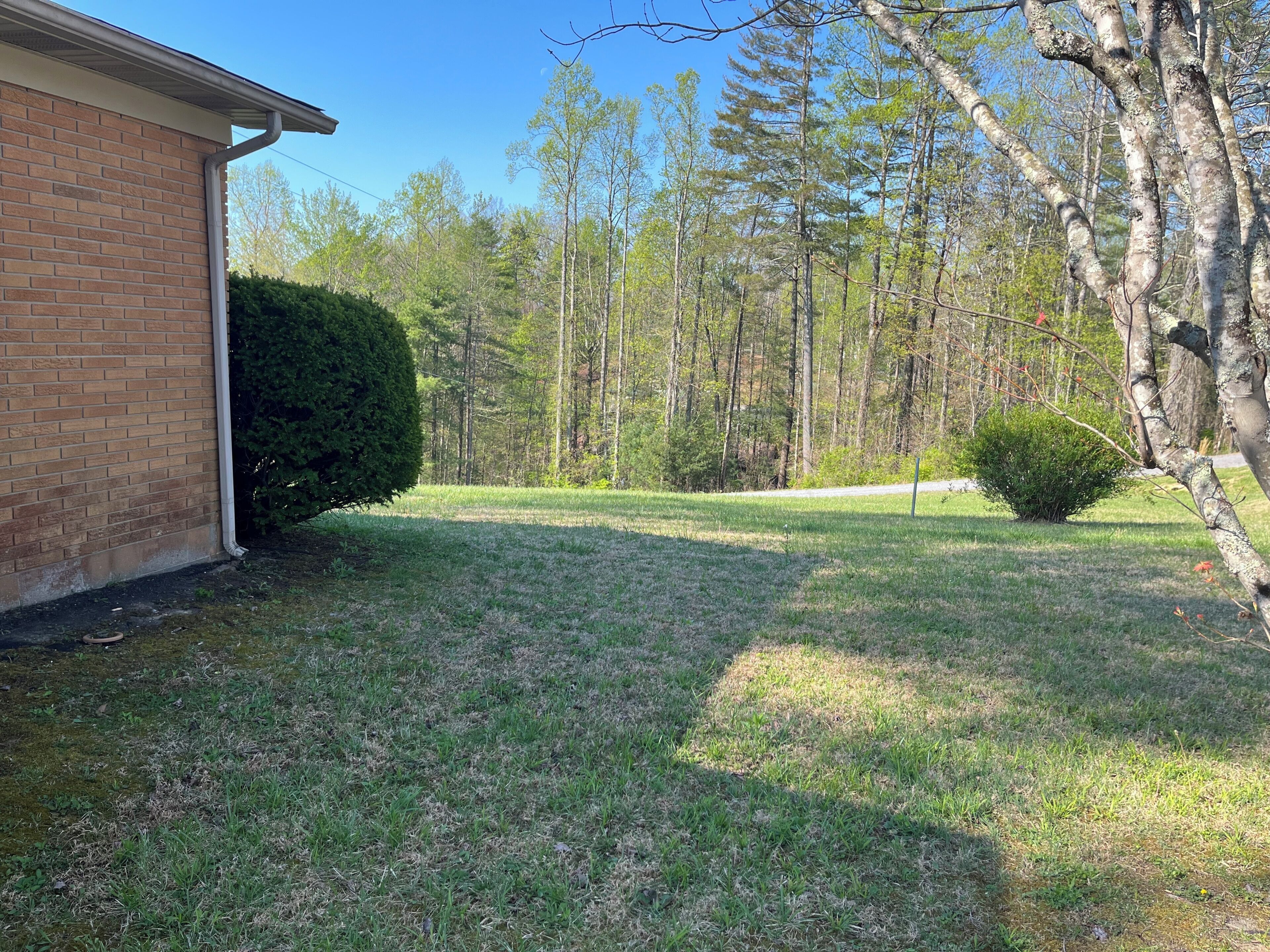 A residential property with a brick building, a well-maintained lawn, and a forested area in the background.