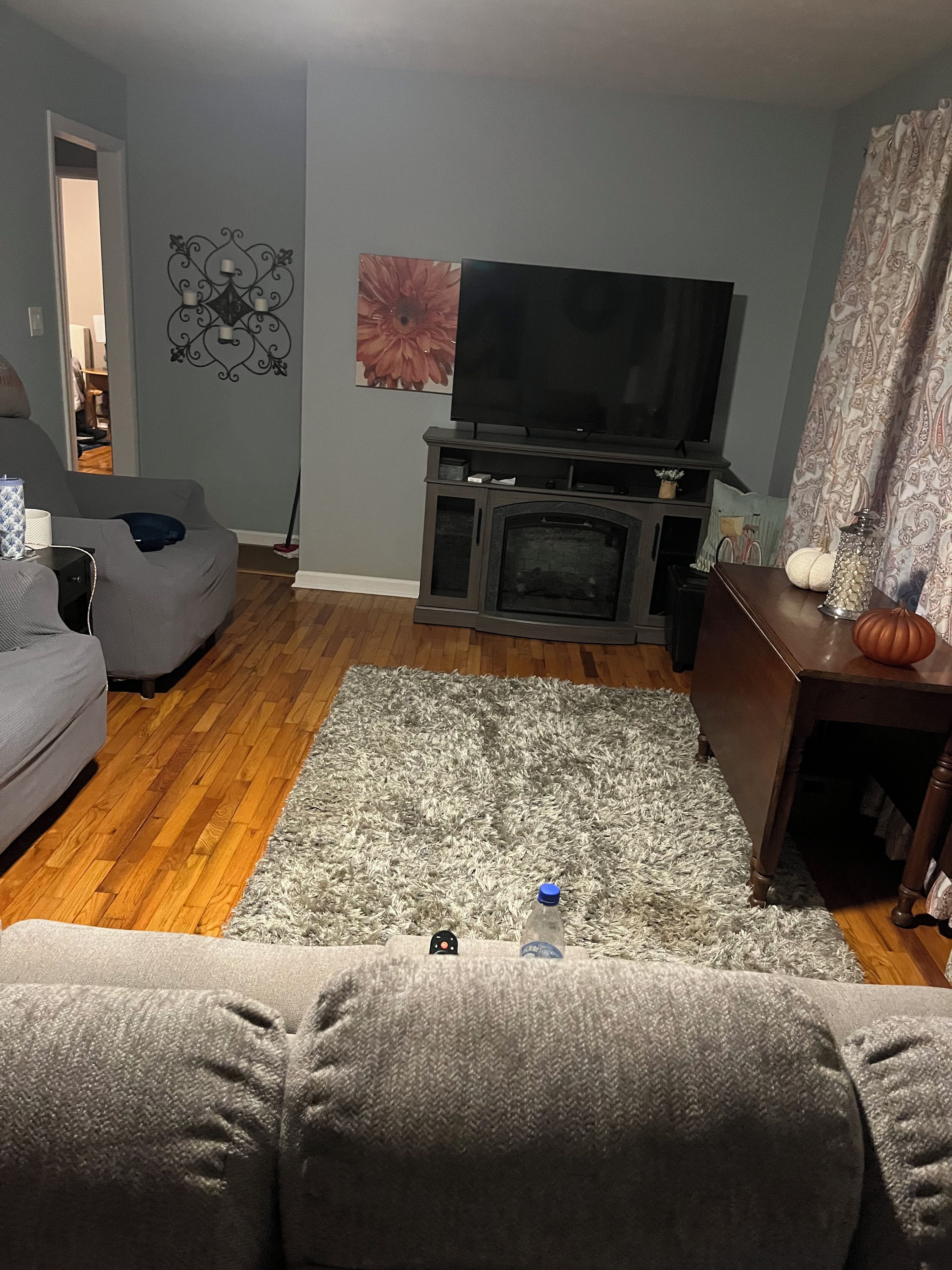 A living room with a grey sofa, a flat-screen TV on a stand, a fireplace, and a decorative wall piece.