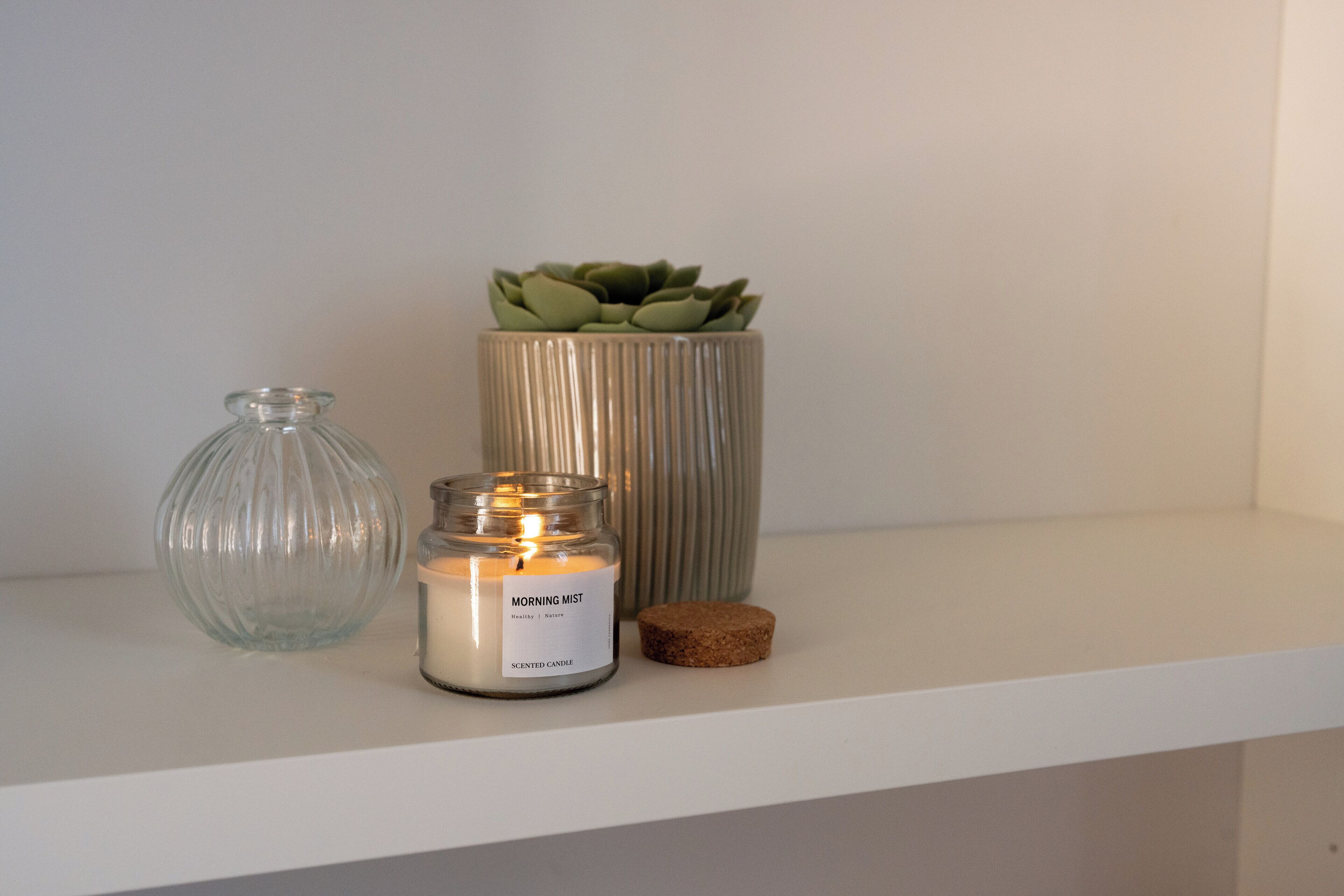A shelf with a glass candle jar, a white scented candle labeled "MORNING MIST," and a potted succulent.