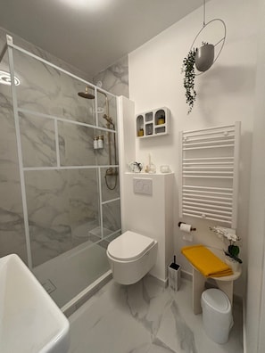 Douche, sèche-cheveux, serviettes fournies, savon